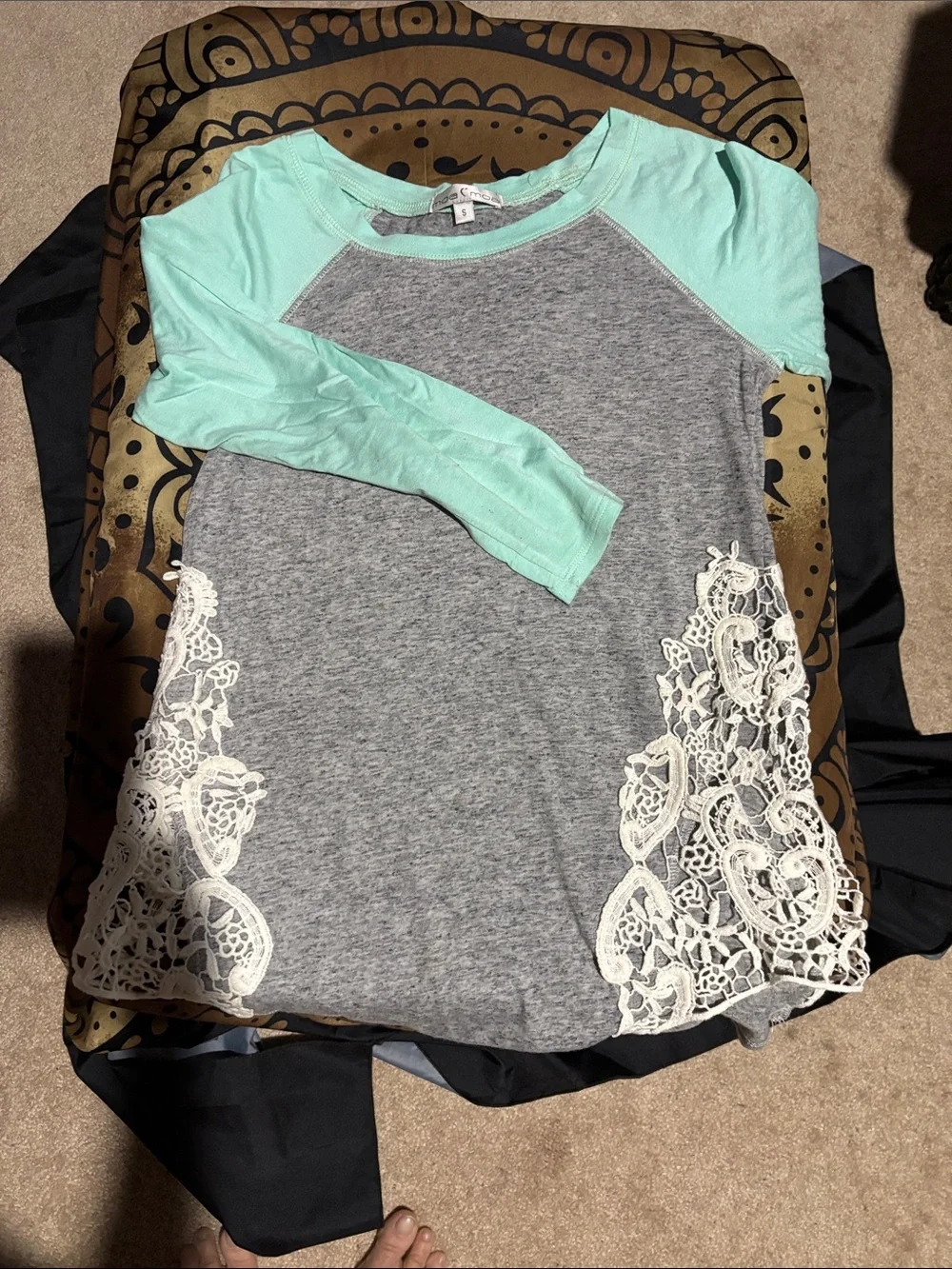 Mint Sleeve Baseball Tee with Grey Body & Lace Accent Shorts